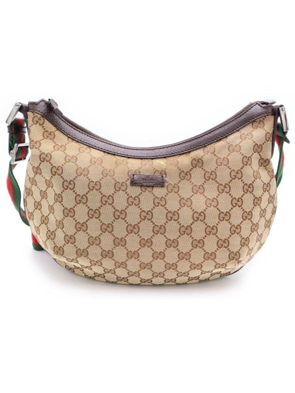 Gucci GG Canvas Shoulder Bag Brown Leather Silver